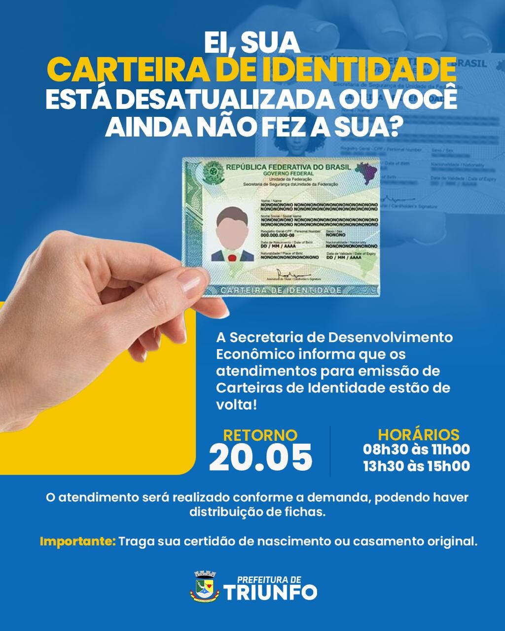 Emissão de Carteiras de Identidade retorna em Triunfo
