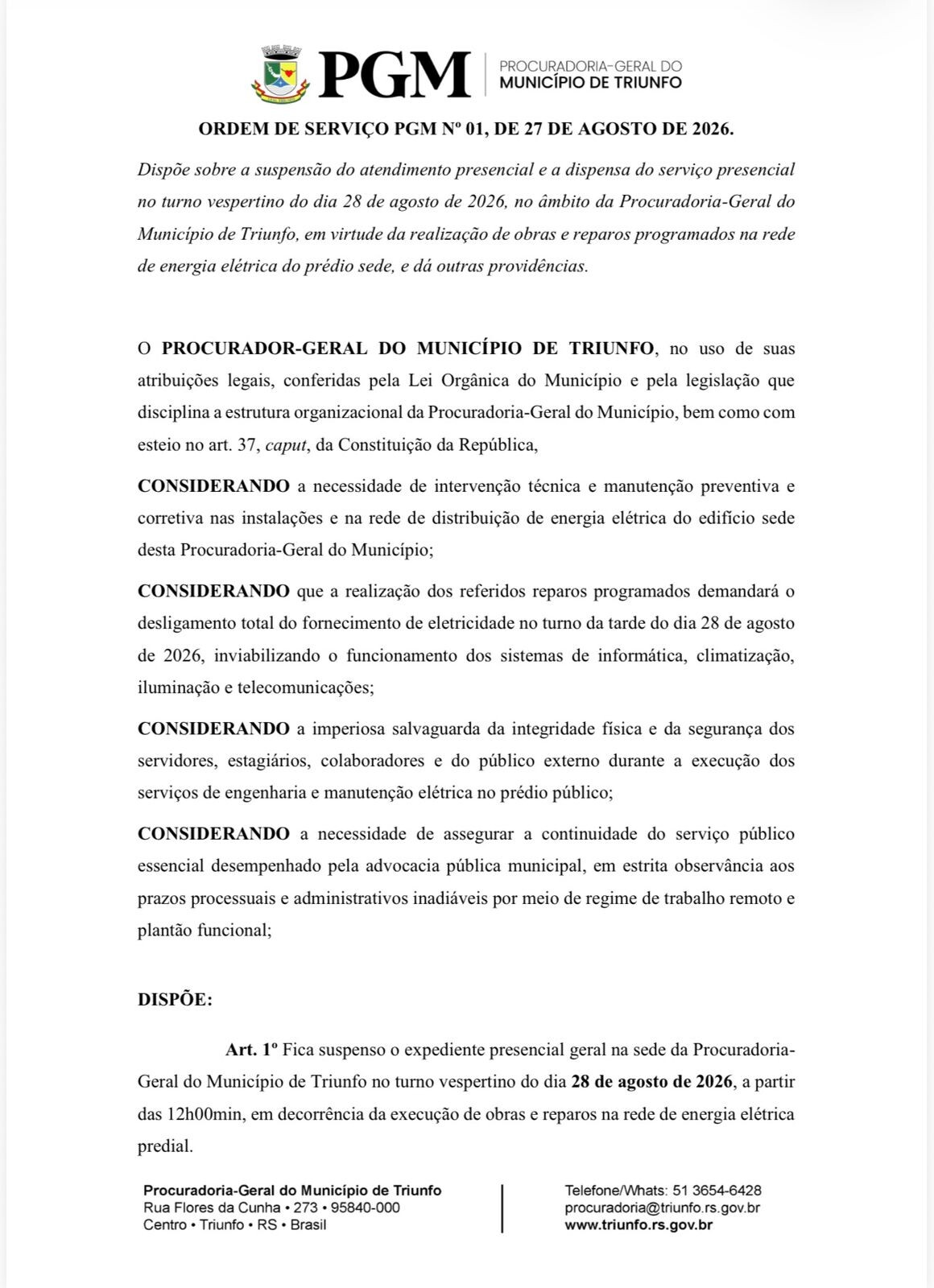 ORDEM DE SERVIÇO PGM Nº 01, DE 27 DE AGOSTO DE 2026.